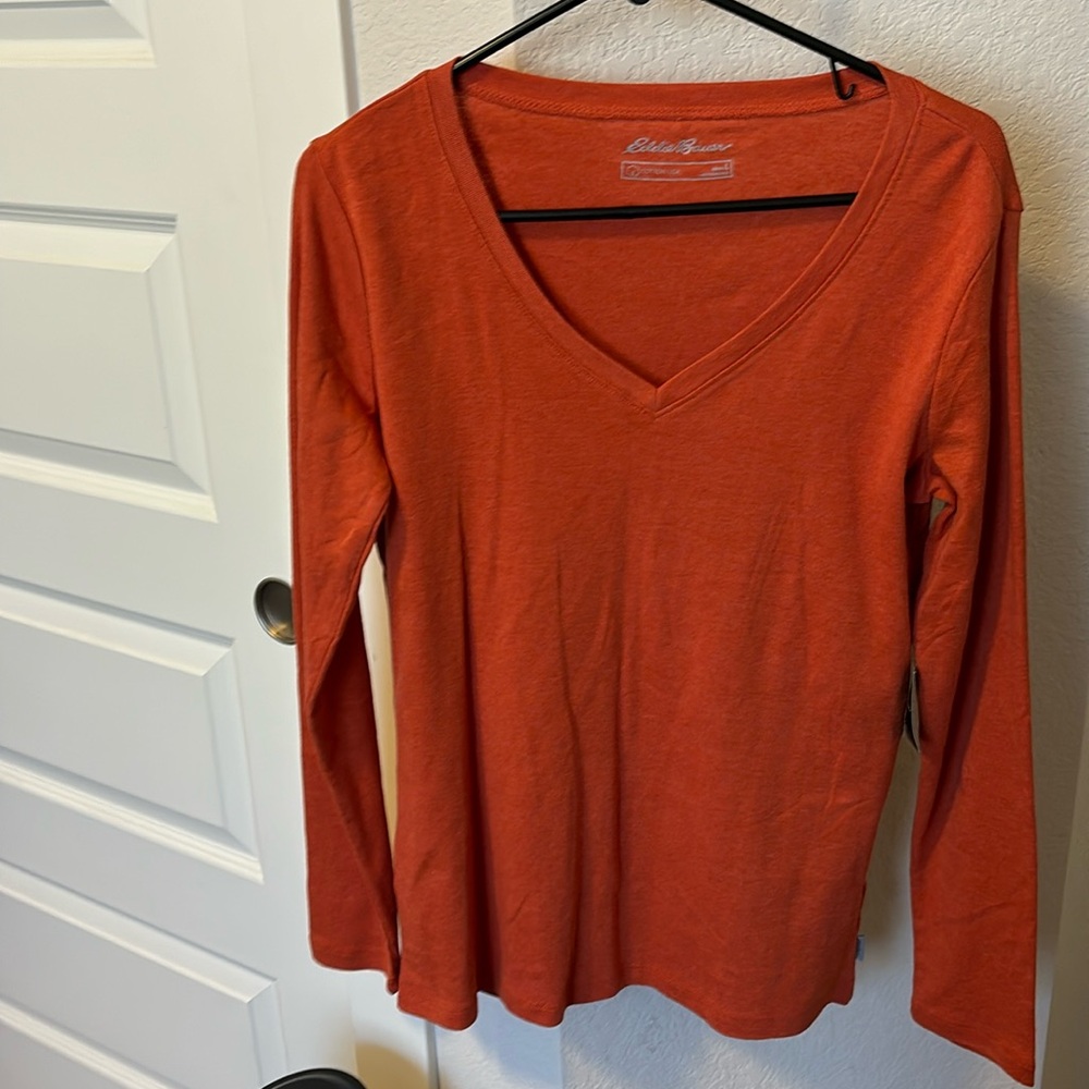 Ladies Eddie Bauer Large Long Sleeve Favorite V-neck Tee in Ochre